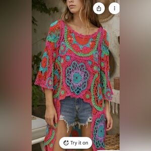 Belle France Crochet Festival Top Size XL High Low Colorful Bohemian